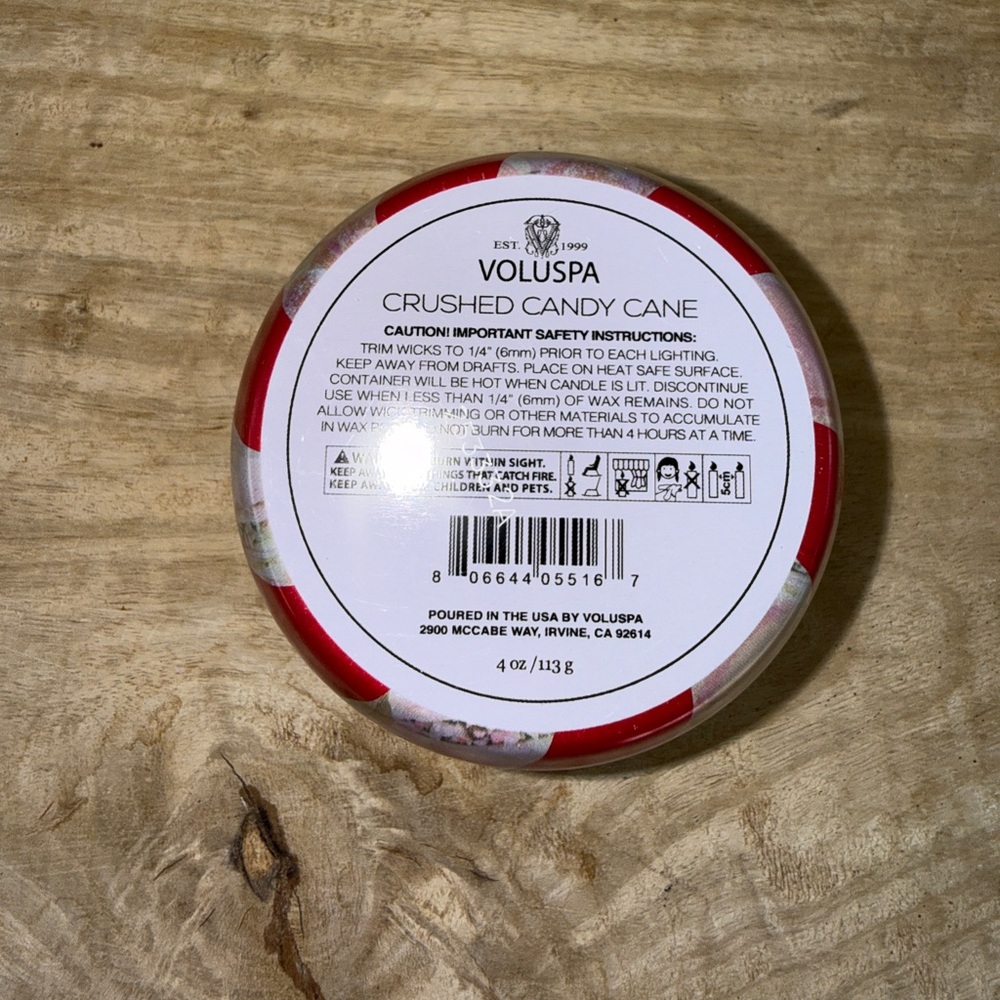 Voluspa Crushed Candy Cane 4oz Tin Candle Red & Gold Luxury Home Fragrance | NWT - Picture 5 of 6